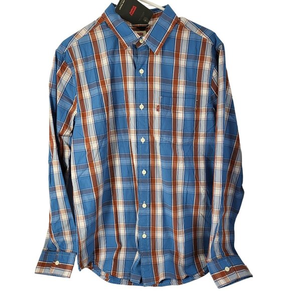 Levi's Other - Levis Mens One Pocket Plaid Shirt Standard Fit M Blue/Orange/Brown White NWT